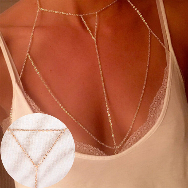 Body Jewelry Necklace - マルチレイヤーハーネスvネックレス,女性用チェーンジュエリー,シルバーとゴールドのリンク,セクシーなビーチとビキニ