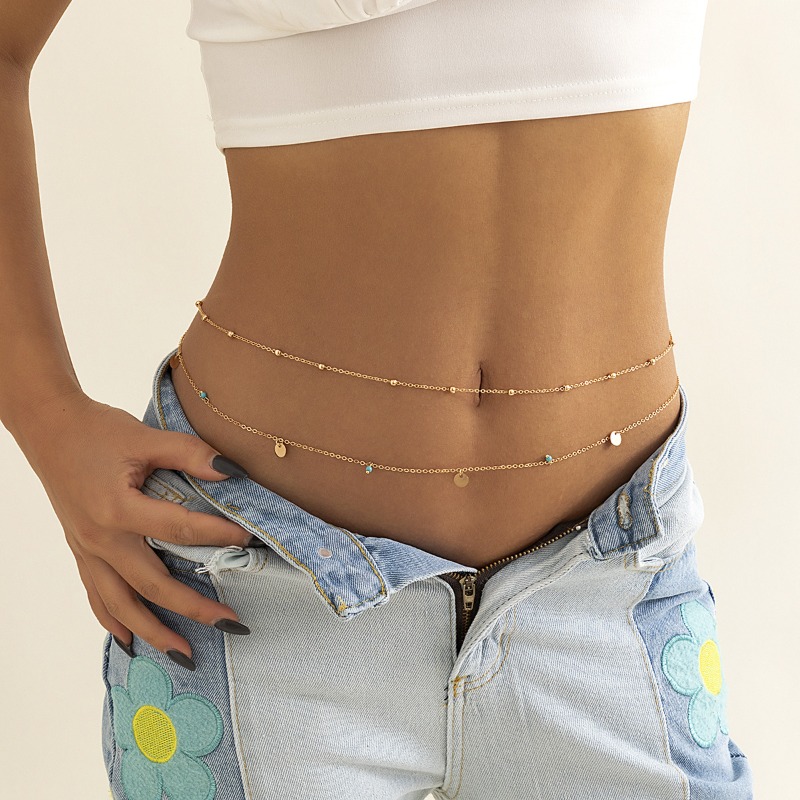 Body Jewelry For You - 女性用、繊細なデザインの重ね付け可能なウエストチェーン、ボディチェーン。ゴールドメッキのディスクとビーズのペンダント付き。夏のビキニパーティーにぴったりのボディジュエリー。